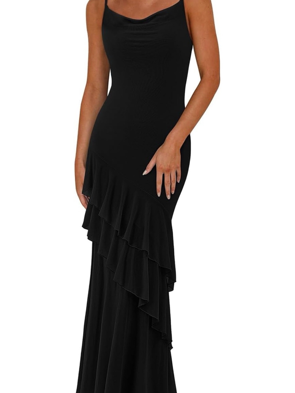 Asymmetrical Ruffle Maxi Slip Dress in Black